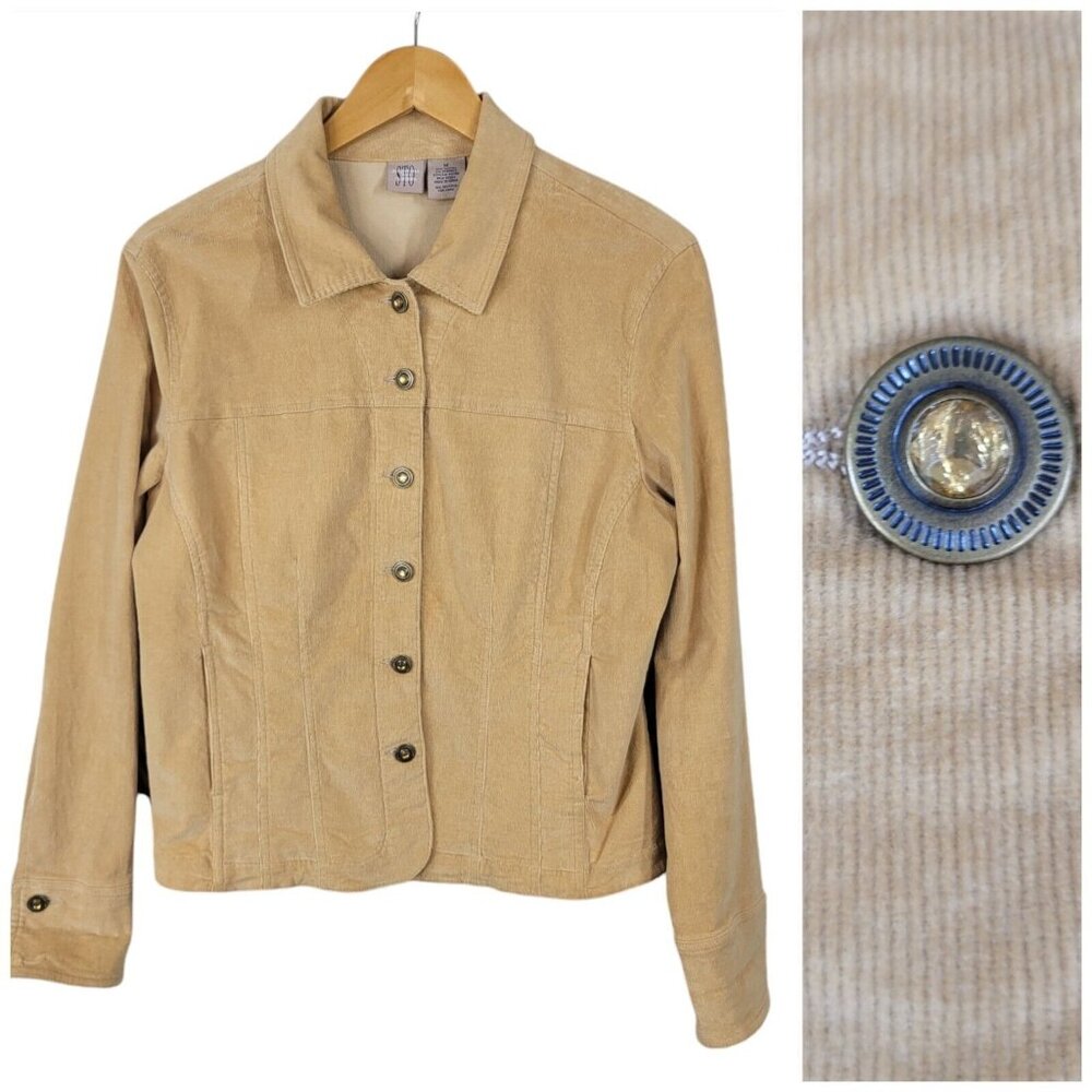 Vintage Y2K Corduroy Jacket Size Medium pinwhale pockets button up casual Tan